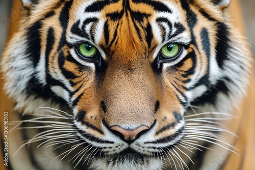 Majestic Tiger With Vibrant Fur and Piercing Green Eyes Gazes Intensely at th...