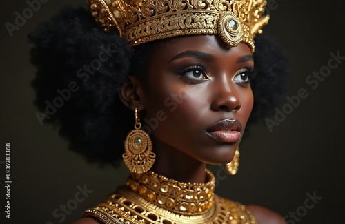 Close-up portrait of beautiful dark-skinned black woman with massive gold necklace. Wears fancy golden headpiece crown. Confident ethnic goddess, glamour, beauty, fashion, jewellery, art, elegance.
