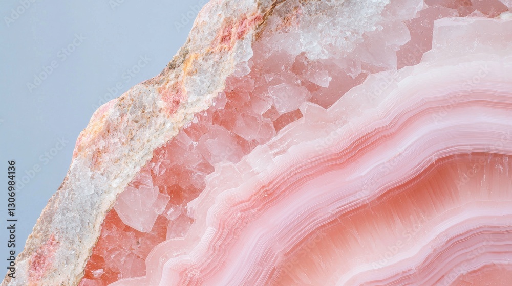 Obraz premium Close-up of a piece of rock with a pink and white striped pattern. the rock appears to be made up of small, irregularly shaped crystals that are arranged in a way that creates a wave-like effect.