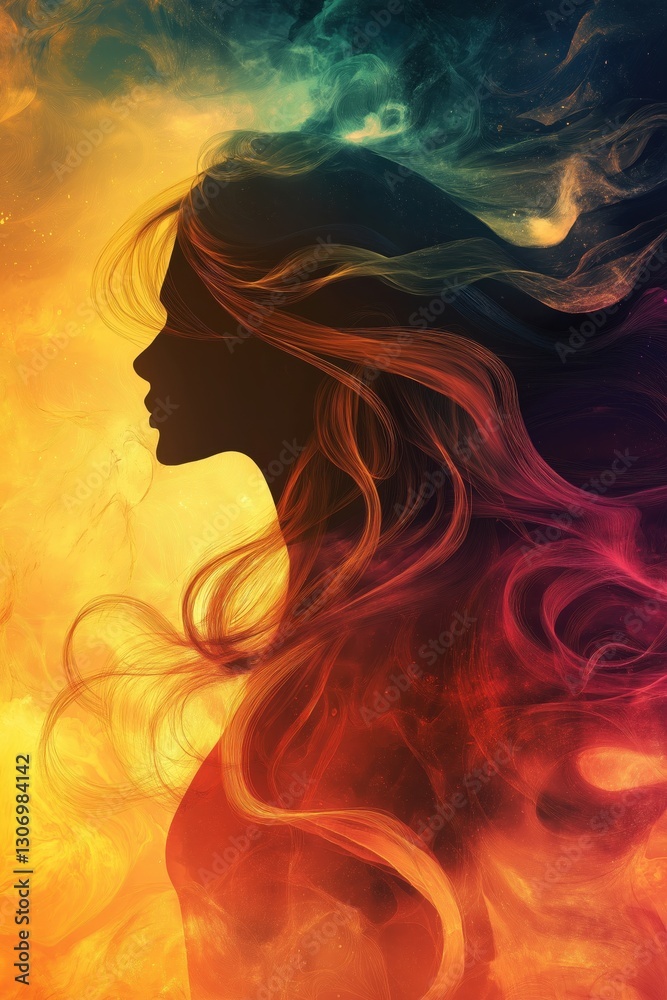 Agentic AI Female Silhouette with Fiery Abstract Energy Flow - Digital Art