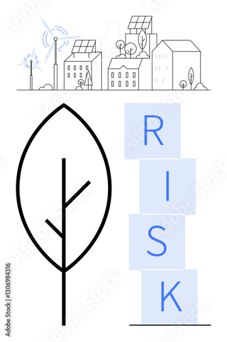 Renewable energy cityscape with solar panels, wind turbines, minimalistic leaf, and stacked RISK blocks. Ideal for sustainability, green energy, climate change, eco solutions, risk assessment future