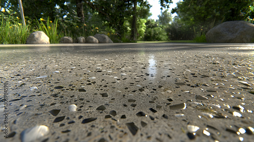 Polished concrete surface, outdoor garden setting, sunlight reflection, landscaping design