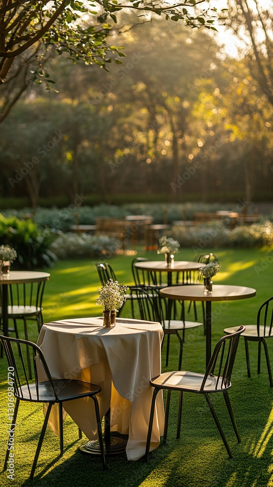 Obraz premium Tables set for event outdoors, green lawn, trees, light, possible for party