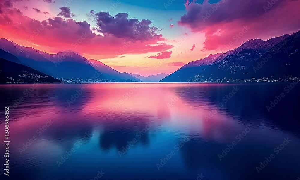 Serene sunset over a tranquil lake surrounded by majestic mountains and vibrant skies reflecting on water Serene sunset over a tranquil lake surrounded by majestic mountains and vibrant skies reflecting on water