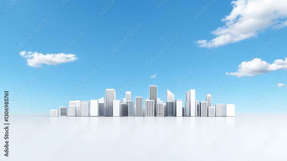 Modern City Skyline, White Buildings, Blue Sky