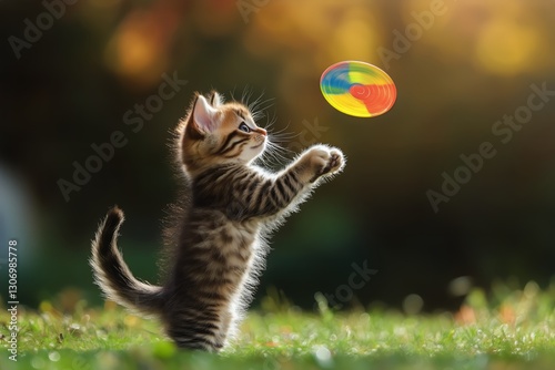 Playful Kitten Reaches for Colorful Ball in Cozy Living Room Setting With Sof...