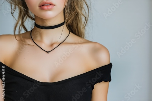 Woman With Soft Features in a Black Off-Shoulder Top Poses Against a Neutral ...
