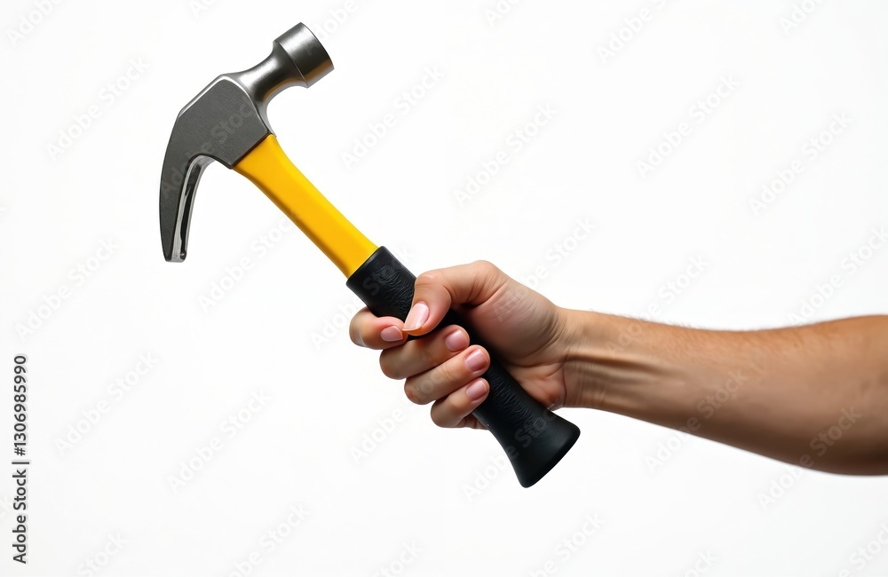 Close-up of hand holding yellow steel claw hammer with black rubber handle. Construction tool, carpentry hardware for repair work on isolated white background. Renovation instrument handyman Close-up of hand holding yellow steel claw hammer with black rubber handle. Construction tool, carpentry hardware for repair work on isolated white background. Renovation instrument handyman