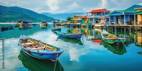 Scenic fishing village dock, colorful boats floating on the water