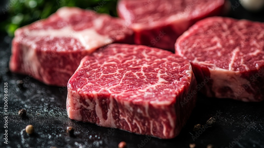 Fototapeta premium A close-up of marbled Wagyu beef steaks, highlighting their rich texture and quality.