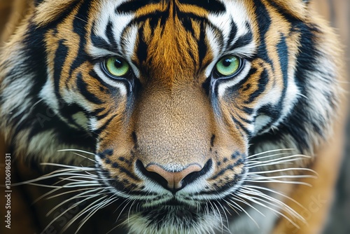 Majestic Tiger With Vibrant Fur and Piercing Green Eyes Gazes Intensely at th...