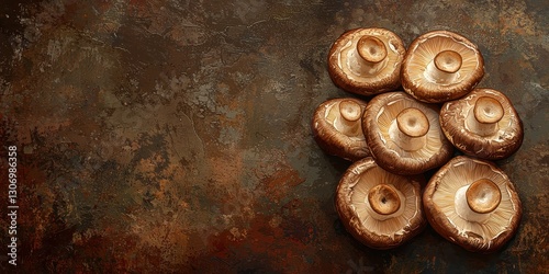 Shiitake mushrooms with rich texture floating on a deep umber background