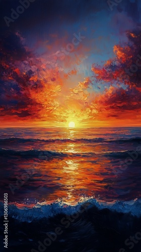 Vibrant Sunset Over Calm Ocean Waves Reflecting Golden Light on a Serene Evening