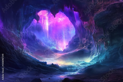 A captivating cave bathed in soft, multicolored ambient light.