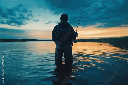 Fisherman Casts Line at Sunset Over Tranquil Lake Surrounded by Serene Nature