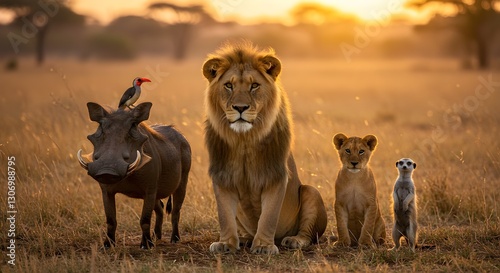 Lion, lion cub, meerkat, warthog and red-billed hornbill at African savanna