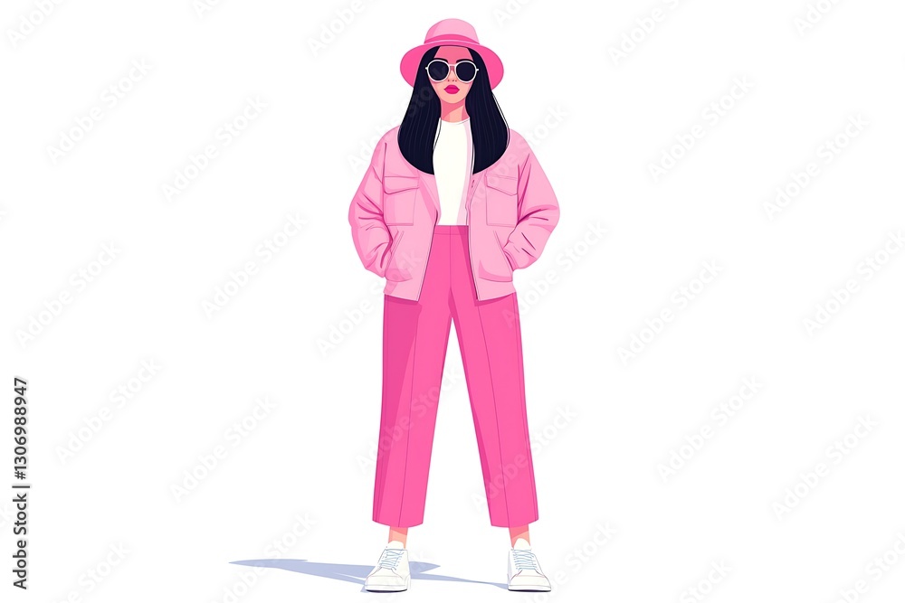 A fashionable person stands confidently in an all-pink outfit, complete with sunglasses and a hat, exuding a trendy, vibrant style. A fashionable person stands confidently in an all-pink outfit, complete with sunglasses and a hat, exuding a trendy, vibrant style.