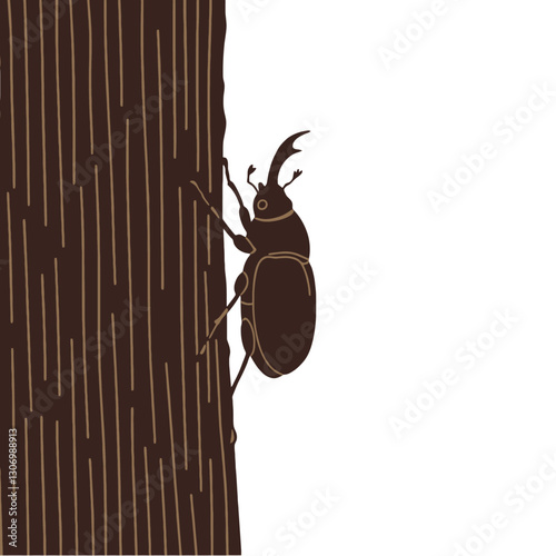 Horned Beetle on Tree Trunk