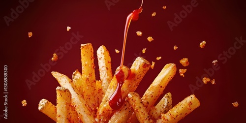 Spicy Cajun fries with hot sauce drizzle mid-air on a deep red backdrop