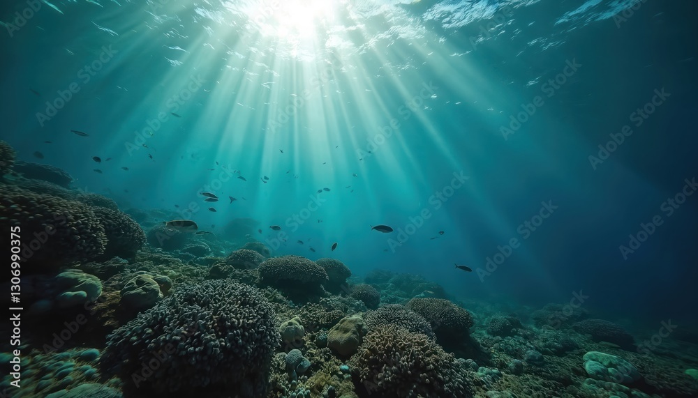 Naklejka premium Underwater sunbeams shine through ocean water onto coral reef with swimming fish. Marine wildlife in ocean floor environment with blue turquoise water creates peaceful scene.