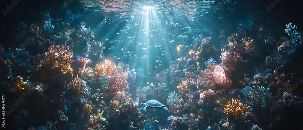 Sunlit Coral Reef with Sea Turtle Sunlit Coral Reef with Sea Turtle