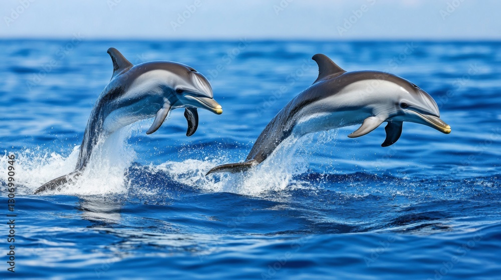 Fototapeta premium A pair of dolphins gracefully synchronized as they leap out of the ocean together.