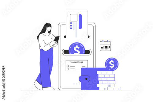 Mobile banking concept. Сurrency exchange in a virtual wallet. Woman makes financial transactions and manages account, digital wallet in app. Flat Cartoon Vector Illustration, icon. Stylish abstract 