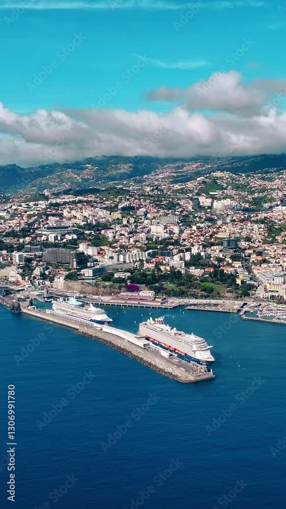 Harbor and city Funchal by the coast in Madeira. Vertical video Harbor and city Funchal by the coast in Madeira. Vertical video