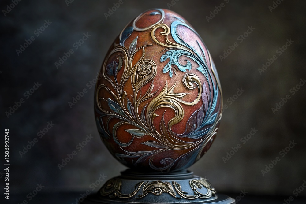 A hand-painted Easter egg with intricate patterns rests on moss-covered stones in an enchanted forest, creating a magical fantasy ambiance.