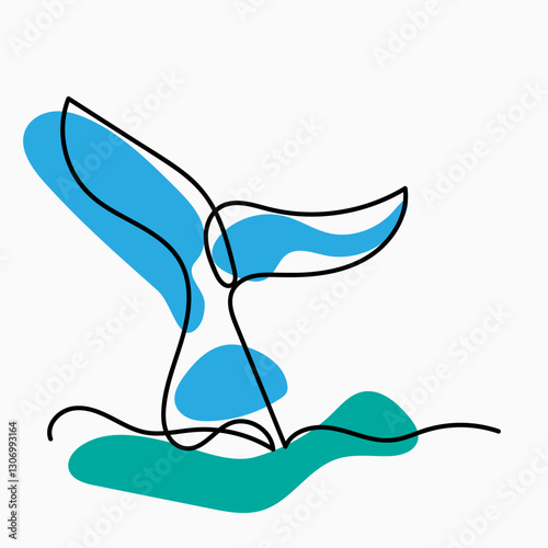 Line drawing of giant tail whale for water aquatic park logo identity. Big ocean mammal animal mascot concept for environment organization. Single line draw with colorful spots design vector