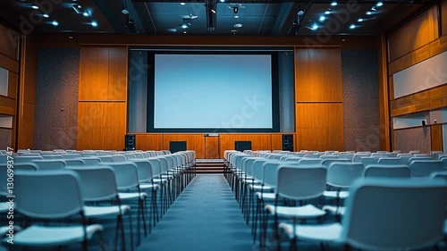 Empty auditorium with rows of seats and blank screen offering versatile space for conferences lectures and theatrical productions