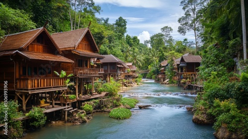 A traditional Thai village with wooden houses on stilts and a peaceful river flowing nearby.
