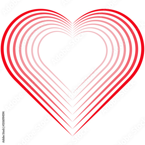 Series of red gradient hearts, nested together, radiating from darkest on the outside to nearly white in the center with isolated background.