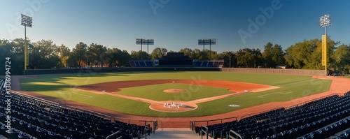 Empty baseball field with stadium seating under a clear sky