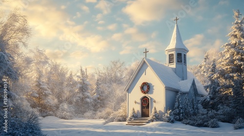 A snow-covered church with a wreath on the door, peaceful and seasonal, ultra-detailed, 8k