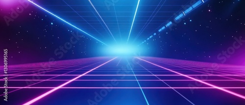 Fototapeta Naklejka Na Ścianę i Meble -  Retro futuristic neon grid with glowing horizon and starry sky, concept of virtual reality, metaverse, and digital space