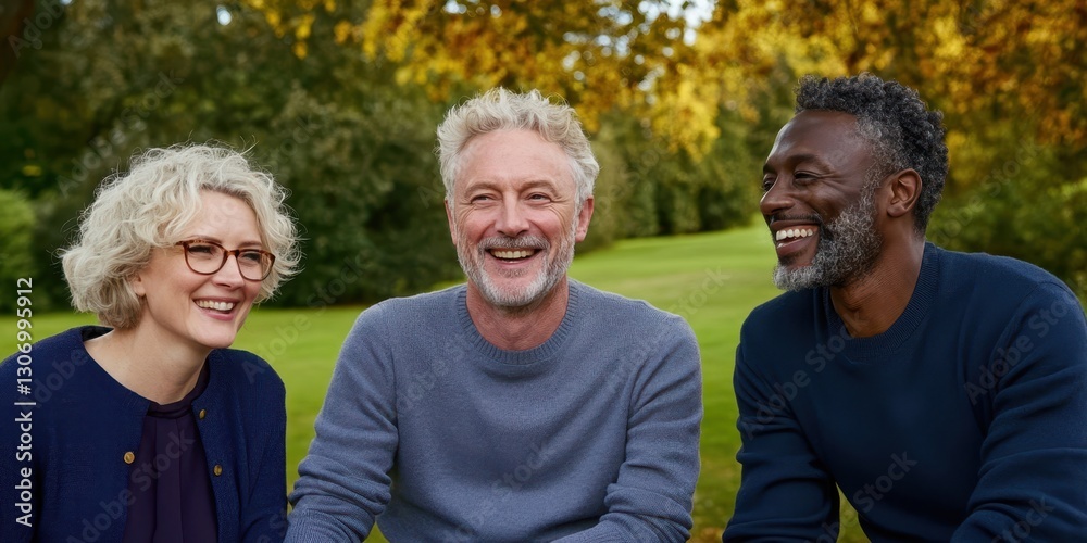 Obraz premium Shared Laughter: Three friends, their faces illuminated by genuine smiles, share a moment of camaraderie in a sun-dappled park, evoking feelings of connection and warmth.