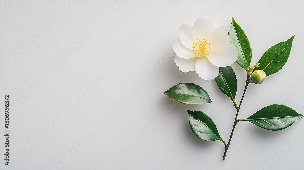 Fototapeta premium White flower, leaves, bud, branch, on white backdrop for floral use