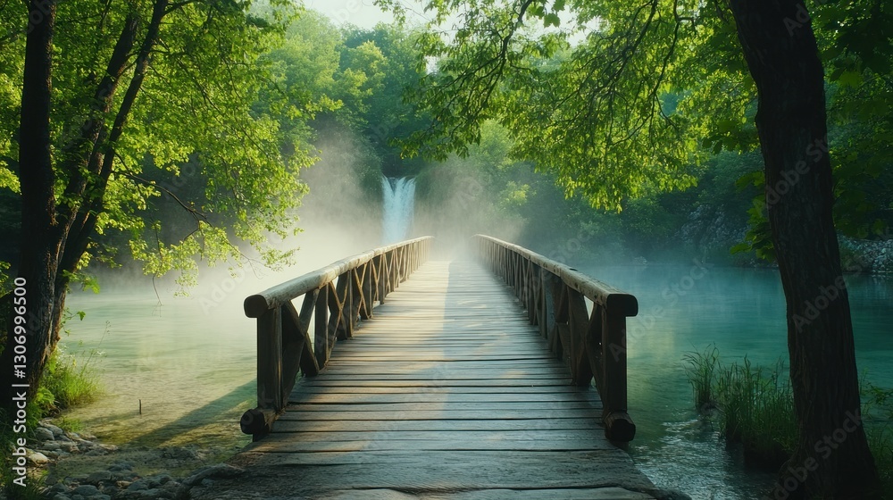 Fototapeta premium Misty Forest Bridge Over Serene Waterfall