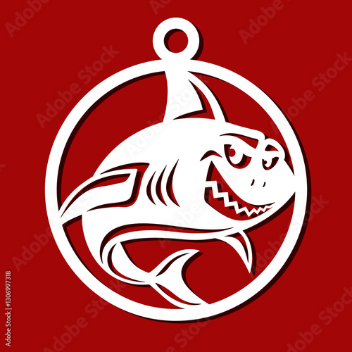 Christmas ball with shark. Pendant with large toothy fish. Round hanging decoration for a fisherman or fishing company. Template for plotter laser cutting of paper, wood carving, metal engraving, cnc.