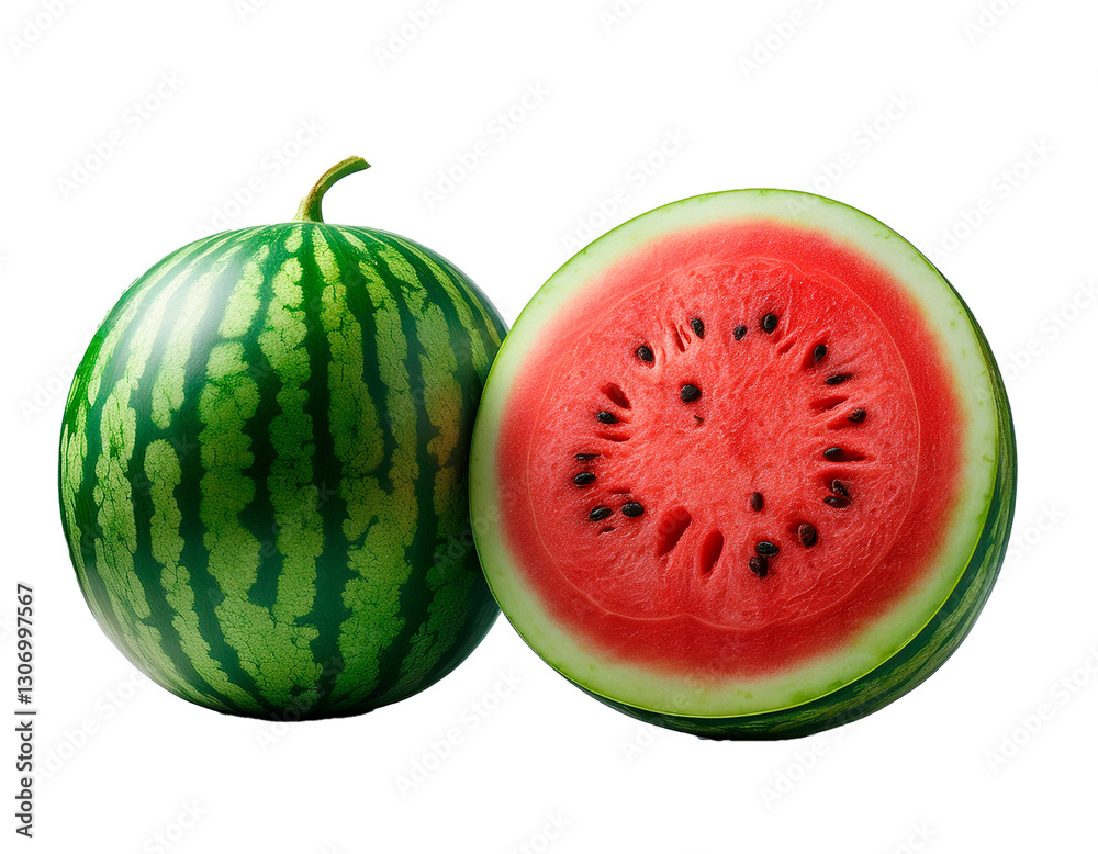 Fotografía profesional, de una sandia y otra partida por la mitad, fondo transparente, realista, 4k Fotografía profesional, de una sandia y otra partida por la mitad, fondo transparente, realista, 4k
