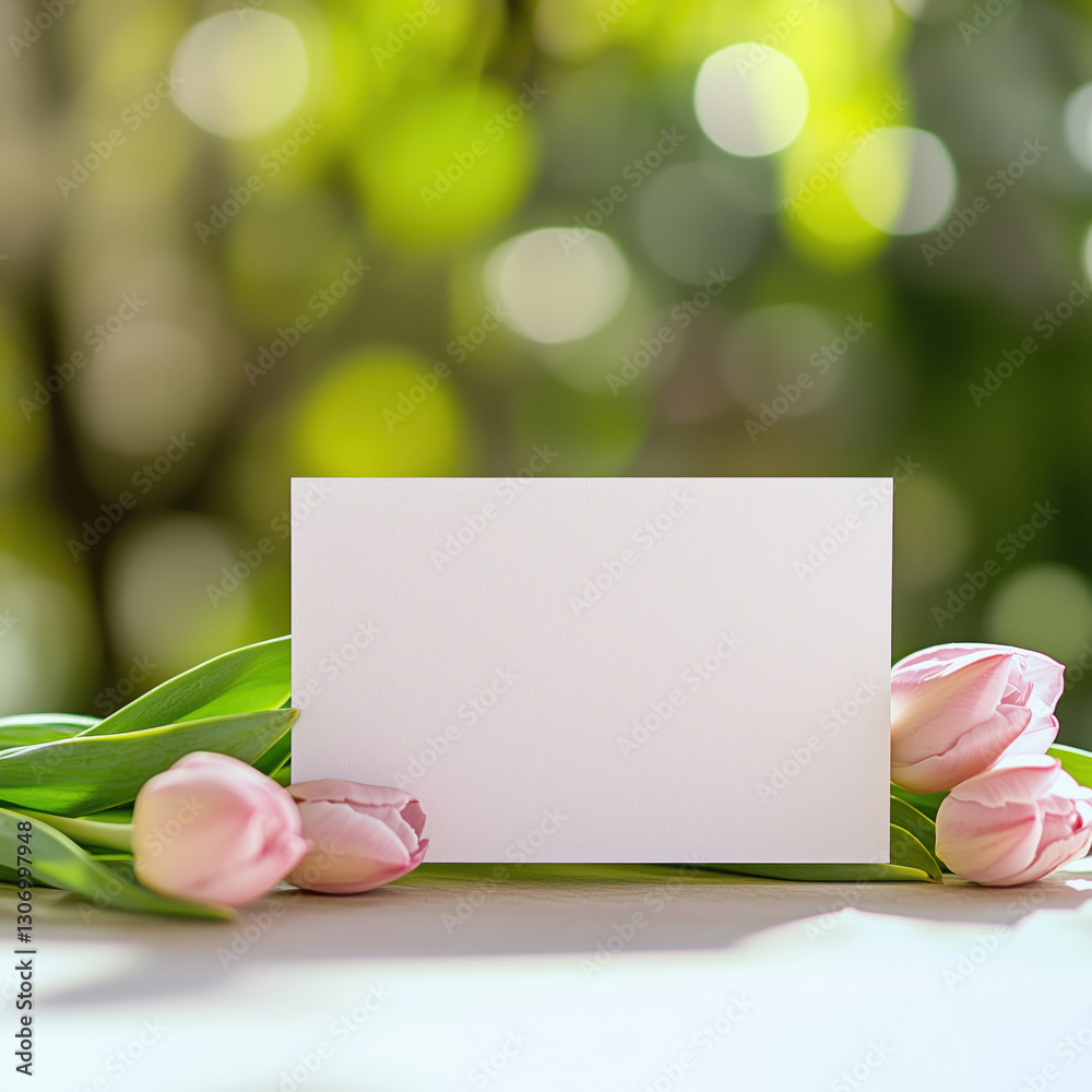 Obraz premium Blank card mock up on the table decorated with flowers