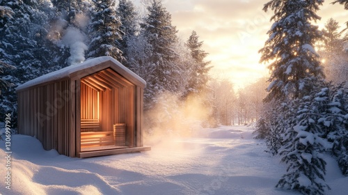 A snowy outdoor sauna with wood panels and steam rising in the cold air, warm and cozy, ultra-detailed, 8k