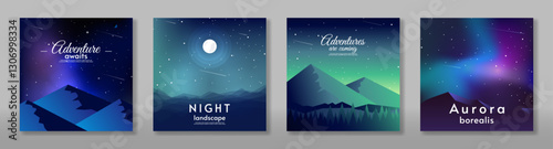 Vector illustration. Set of cards, flat style landscape. Aurora borealis with mountains. Design for poster, postcard, banner, cover.