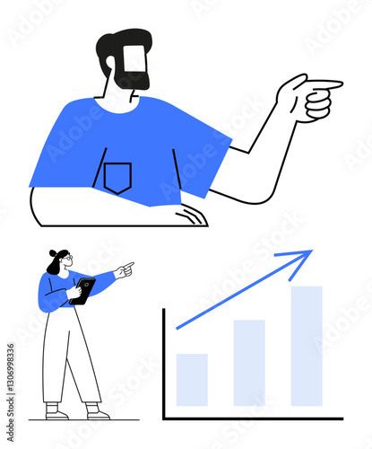 Man and woman pointing towards rising bar chart indicating progress, success, teamwork, motivation, decision-making. Ideal for business strategy, leadership, analytics, collaboration growth