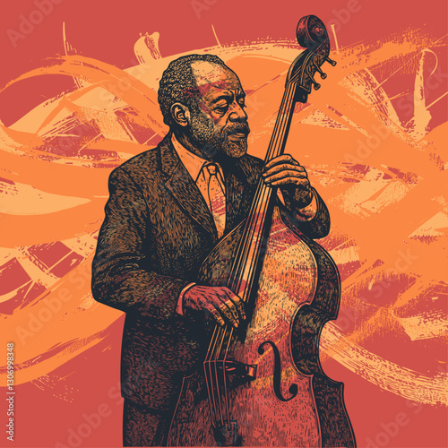 Vector illustration of a jazz musician playing a double bass against a vibrant orange and red abstract background. 