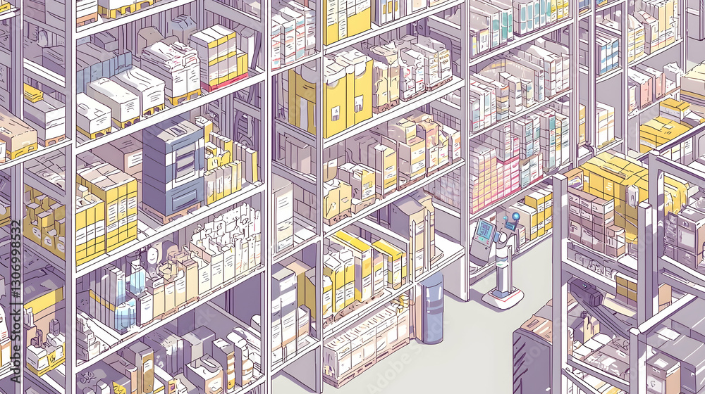 Obraz premium Automated warehouse inventory management system, robotic worker, high-bay storage, product distribution, logistics illustration
