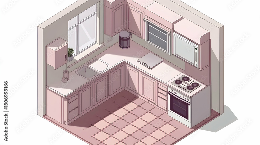 Isometric Pink Kitchen Design, Room Interior, Home Appliances, Sunlight, Floor Tiles, Home Decor Isometric Pink Kitchen Design, Room Interior, Home Appliances, Sunlight, Floor Tiles, Home Decor