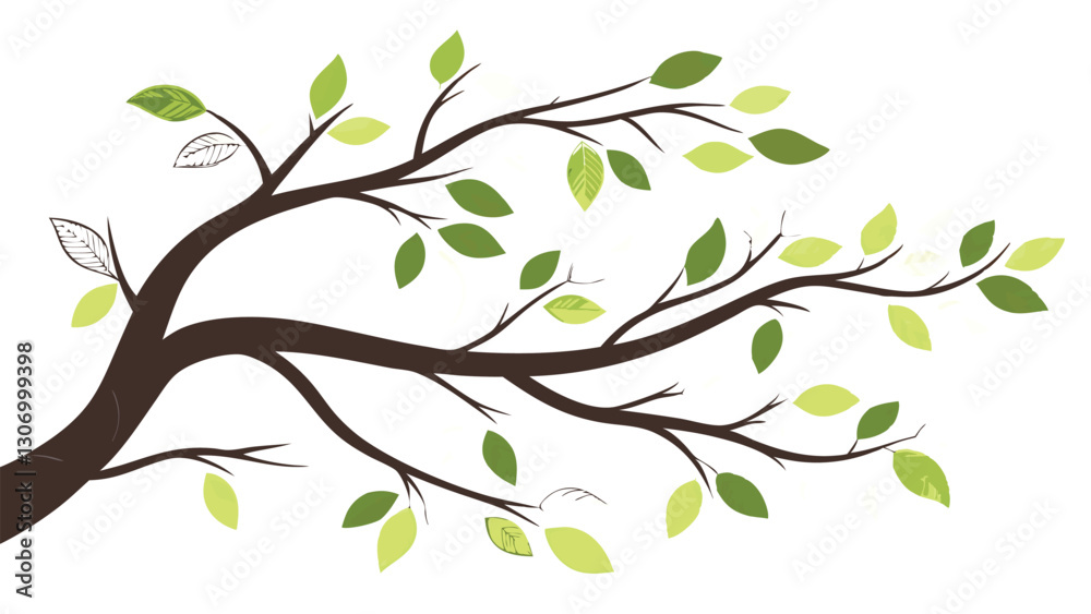 Adobe IllusStylized Black Tree Branch with Green Leaves and a Small Bird - Minimalist Nature Illustration Adobe IllusStylized Black Tree Branch with Green Leaves and a Small Bird - Minimalist Nature Illustration