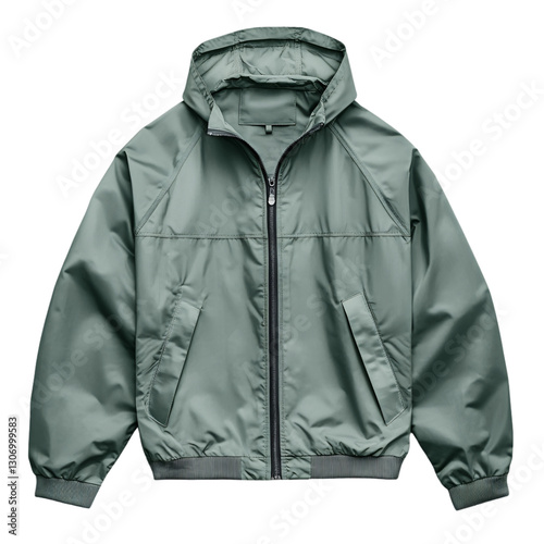 Lightweight green jacket display fashion store product image retail environment front view stylish outerwear for all seasons
